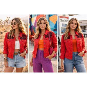 Diane Gilman Red Jacket Black Beaded Aztec  2X Festival Vintage Americana Boho